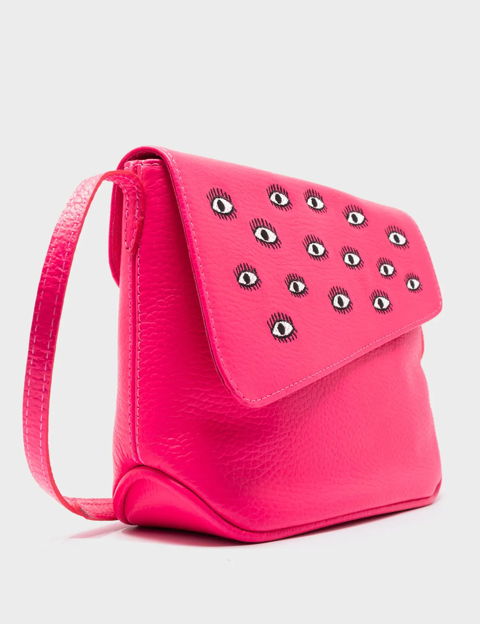 Bruno Mini Crossbody Neon Pink Leather Bag - All Over Eyes Embroidery