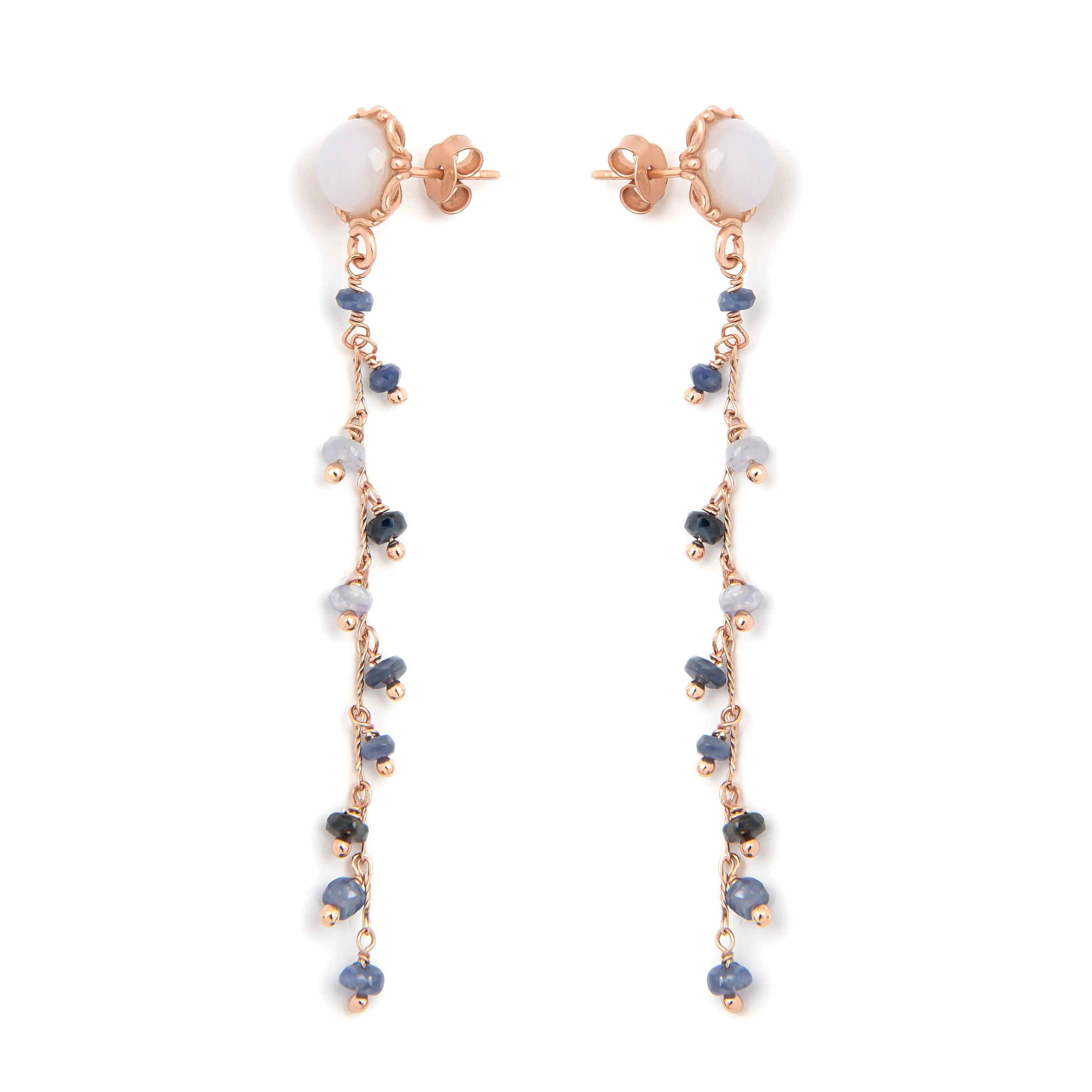 Chalcedony and Blue Sapphire Drop Chain Earrings