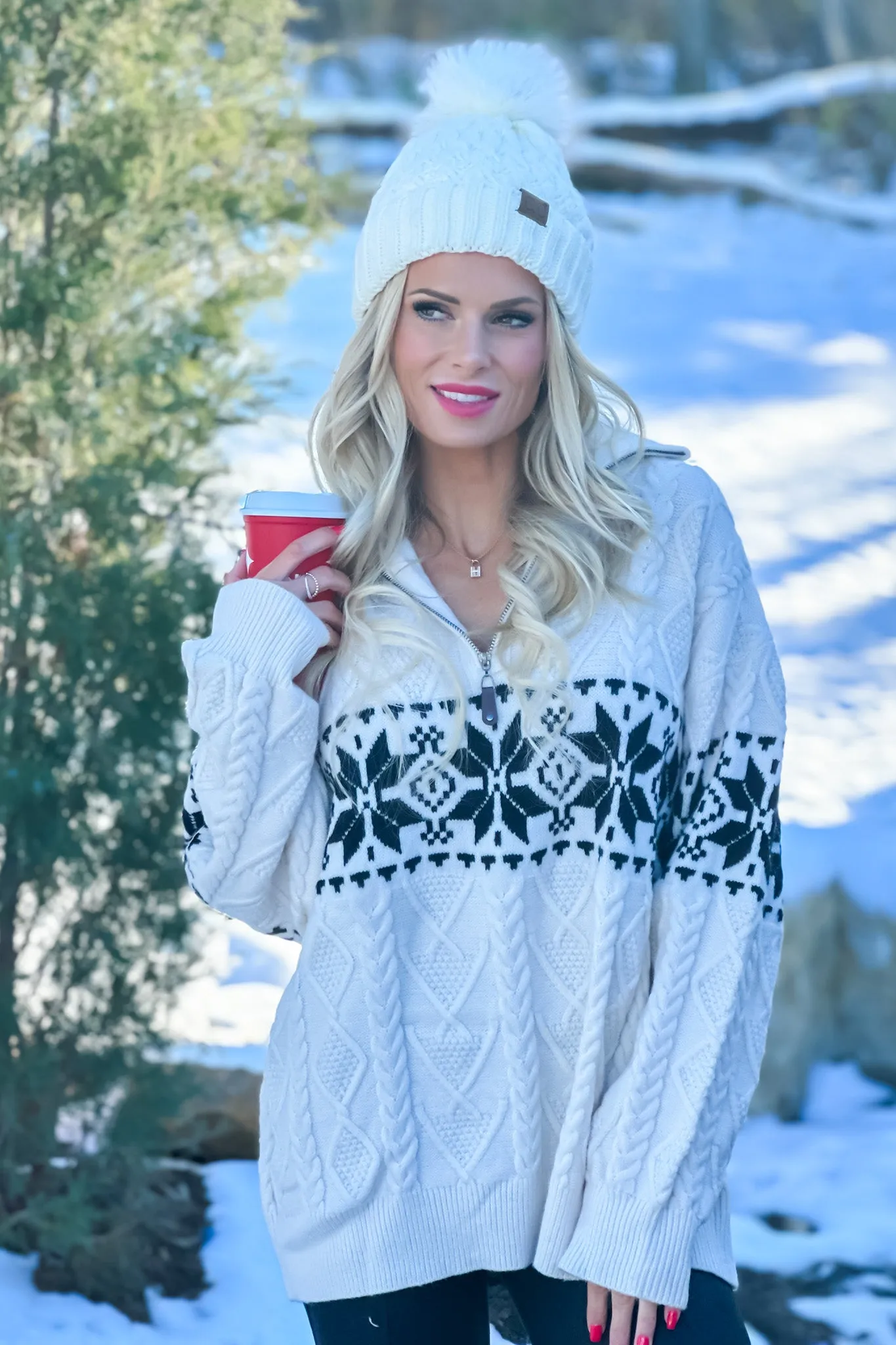 Chance Of Flurries Half Zip Snowflake Sweater : Ivory/Black