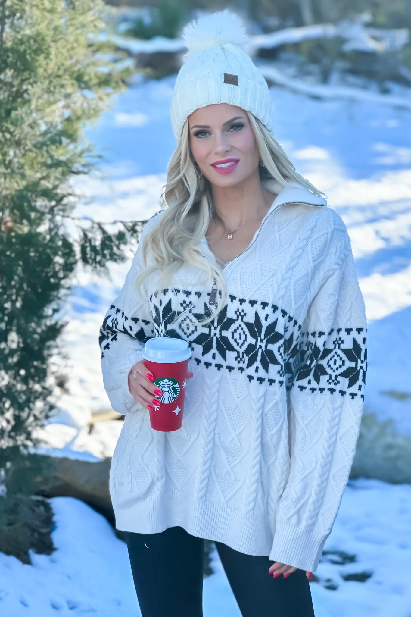 Chance Of Flurries Half Zip Snowflake Sweater : Ivory/Black