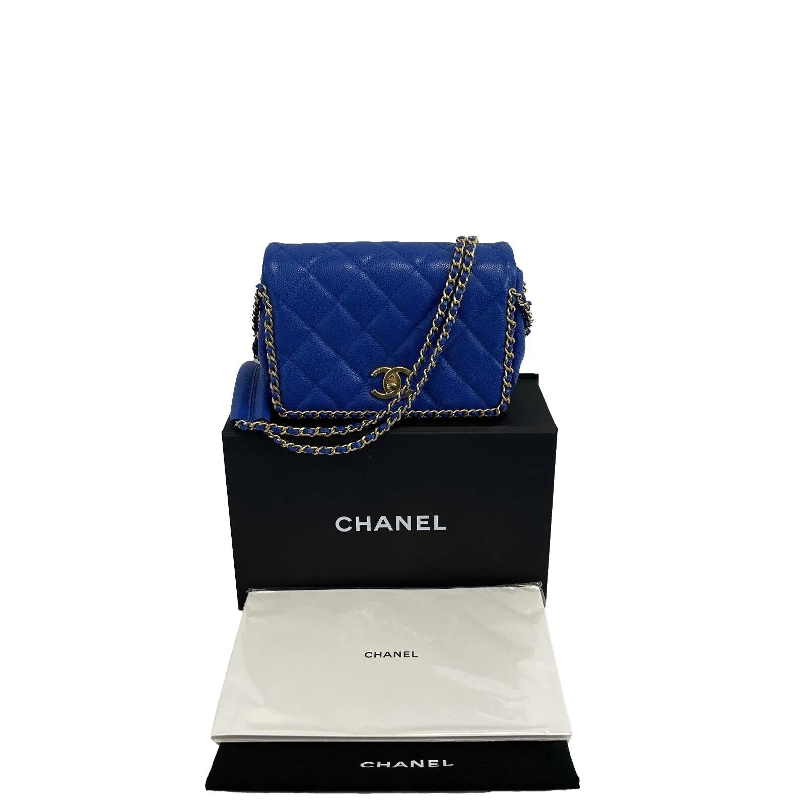 Chanel Mini Chain Around Multi Chain Full Flap Bag Quilted Caviar 22B Blue