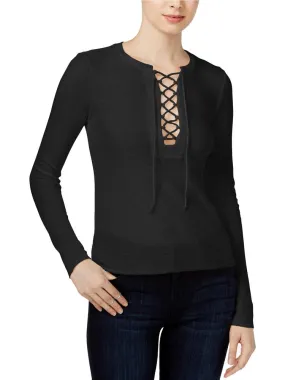 Chelsea Sky Women's Lace-Up Raw Hem Pullover Top, Black (S)