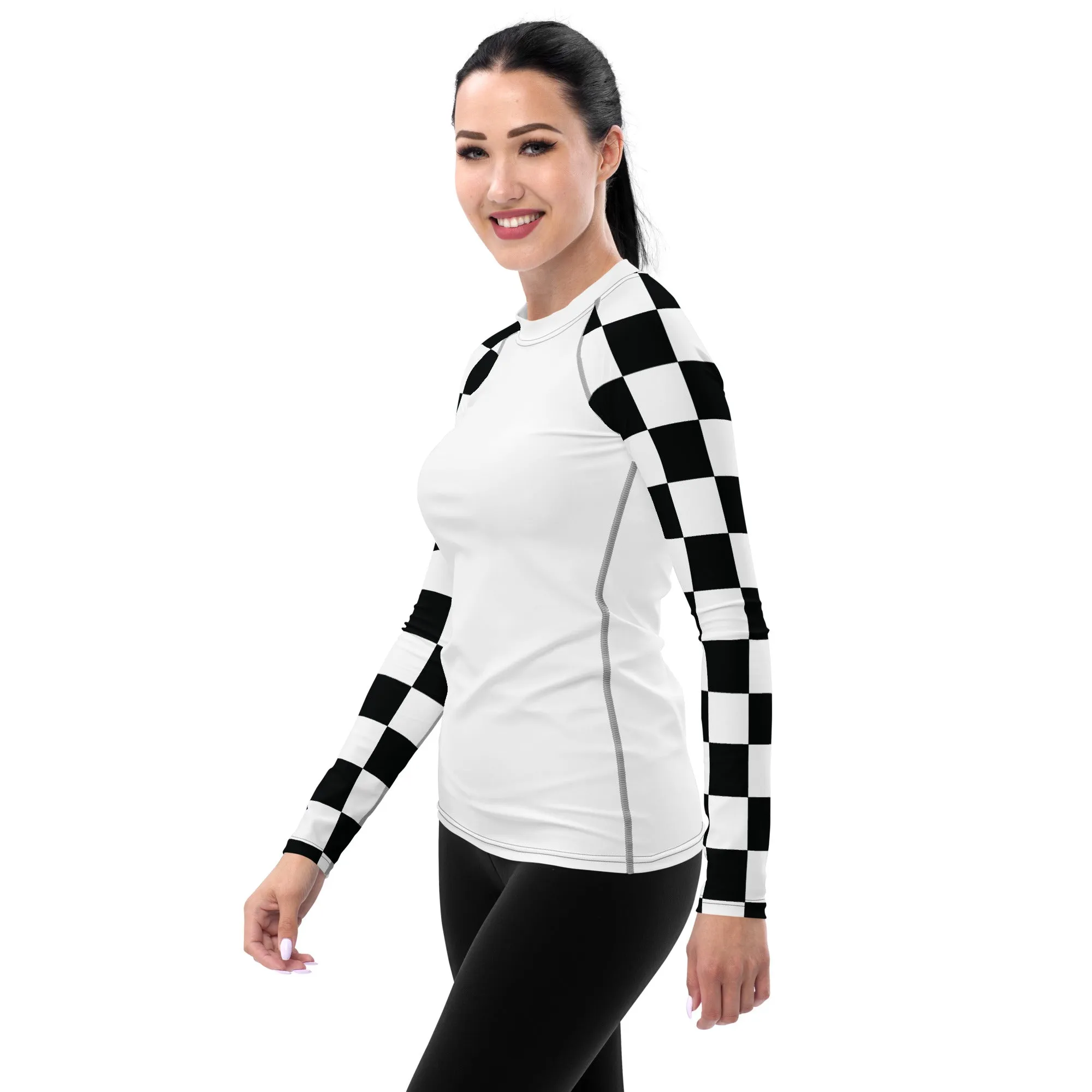 Chic Combat Gear: Women's Checkered BJJ Rash Guard - Blanc