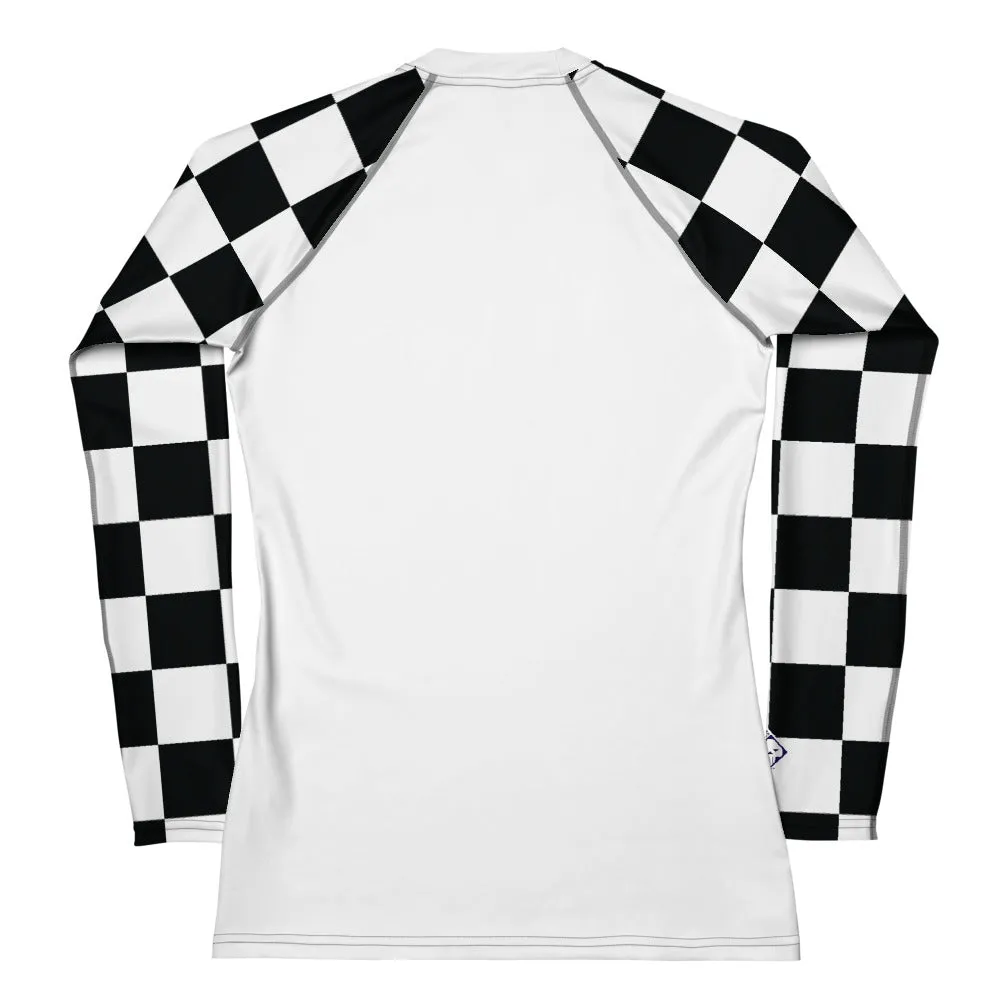 Chic Combat Gear: Women's Checkered BJJ Rash Guard - Blanc