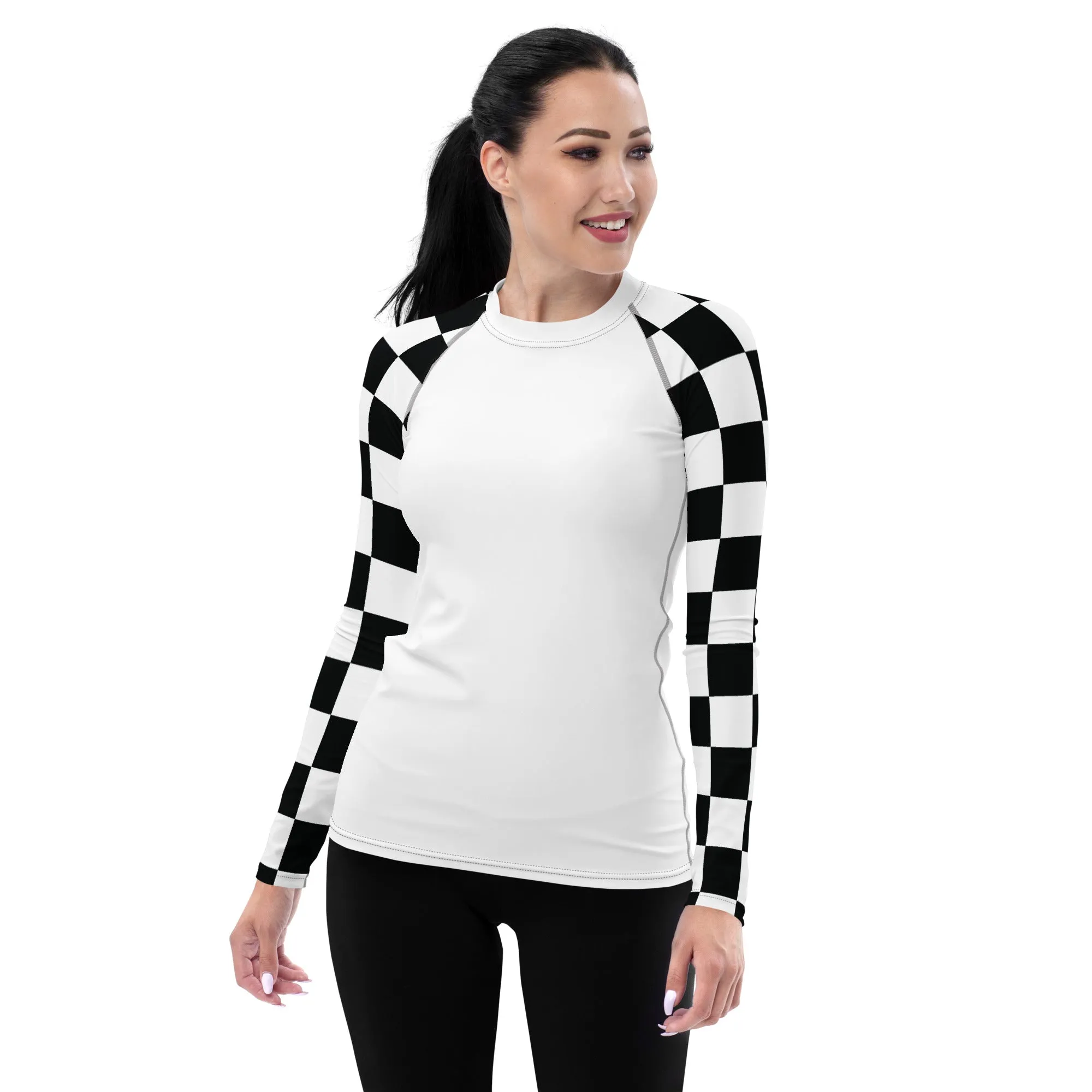 Chic Combat Gear: Women's Checkered BJJ Rash Guard - Blanc