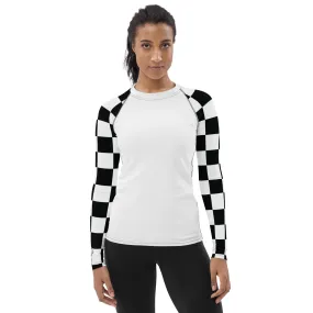 Chic Combat Gear: Women's Checkered BJJ Rash Guard - Blanc