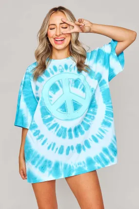 Cloud Tie-Dye Oversized Graphic Tee - Blue Peace Sign