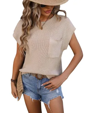 Crewneck Pocket Trim Top Short-sleeved Sweater