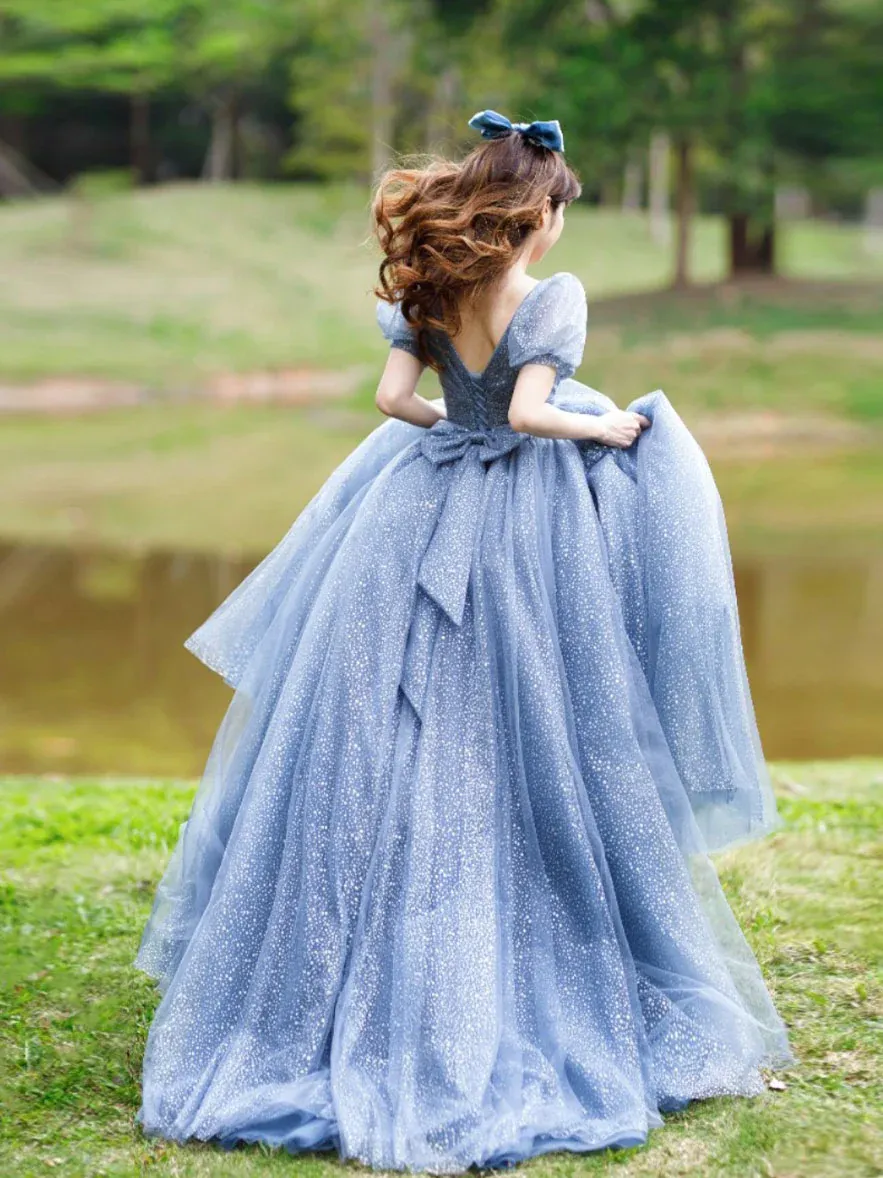 Cute V Neck Tulle Long Prom Dress, Blue Sweet 16 Formal Dress With Bow Knot SH855