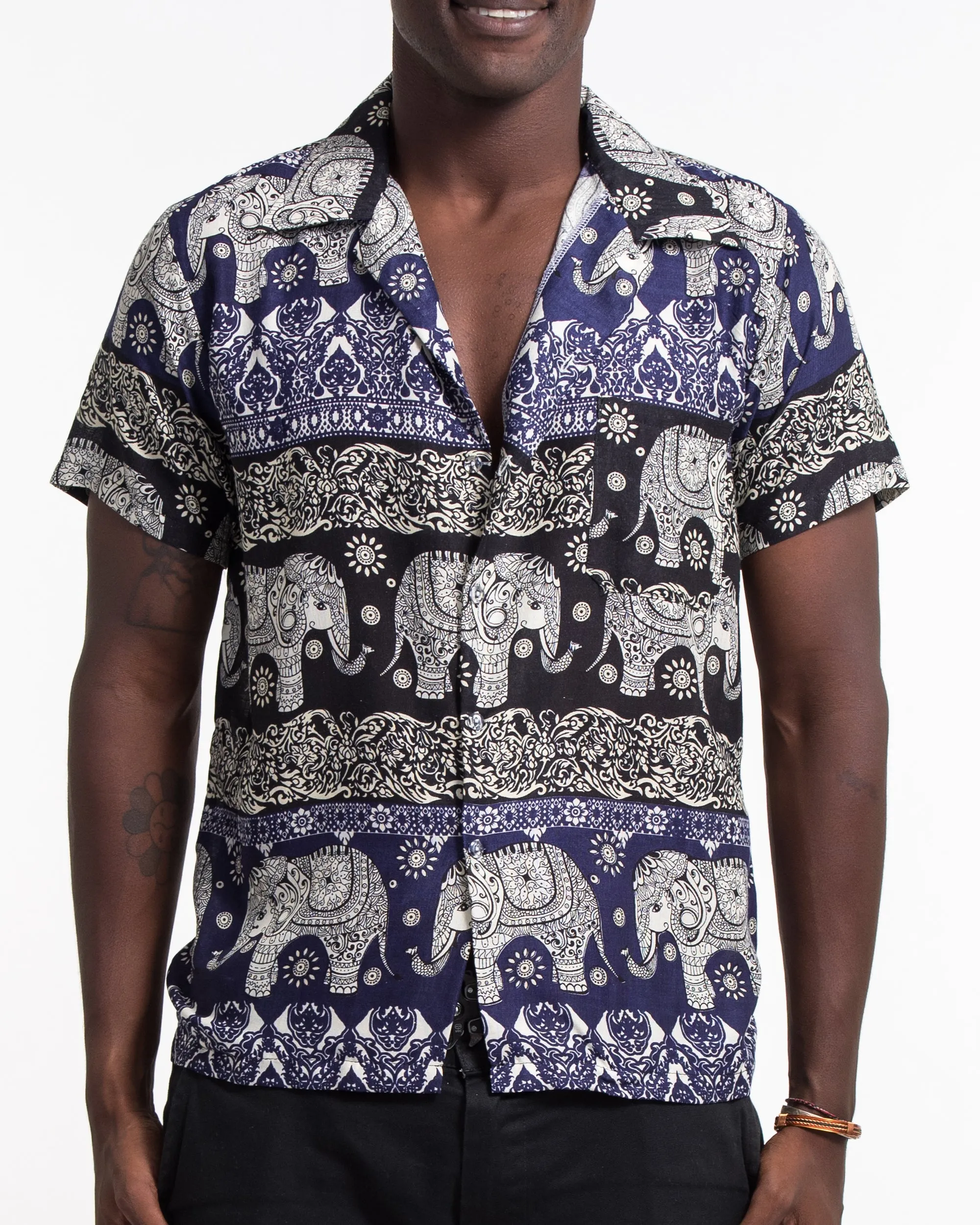 Divine Elephant Short Sleeve Button Shirt in Indigo