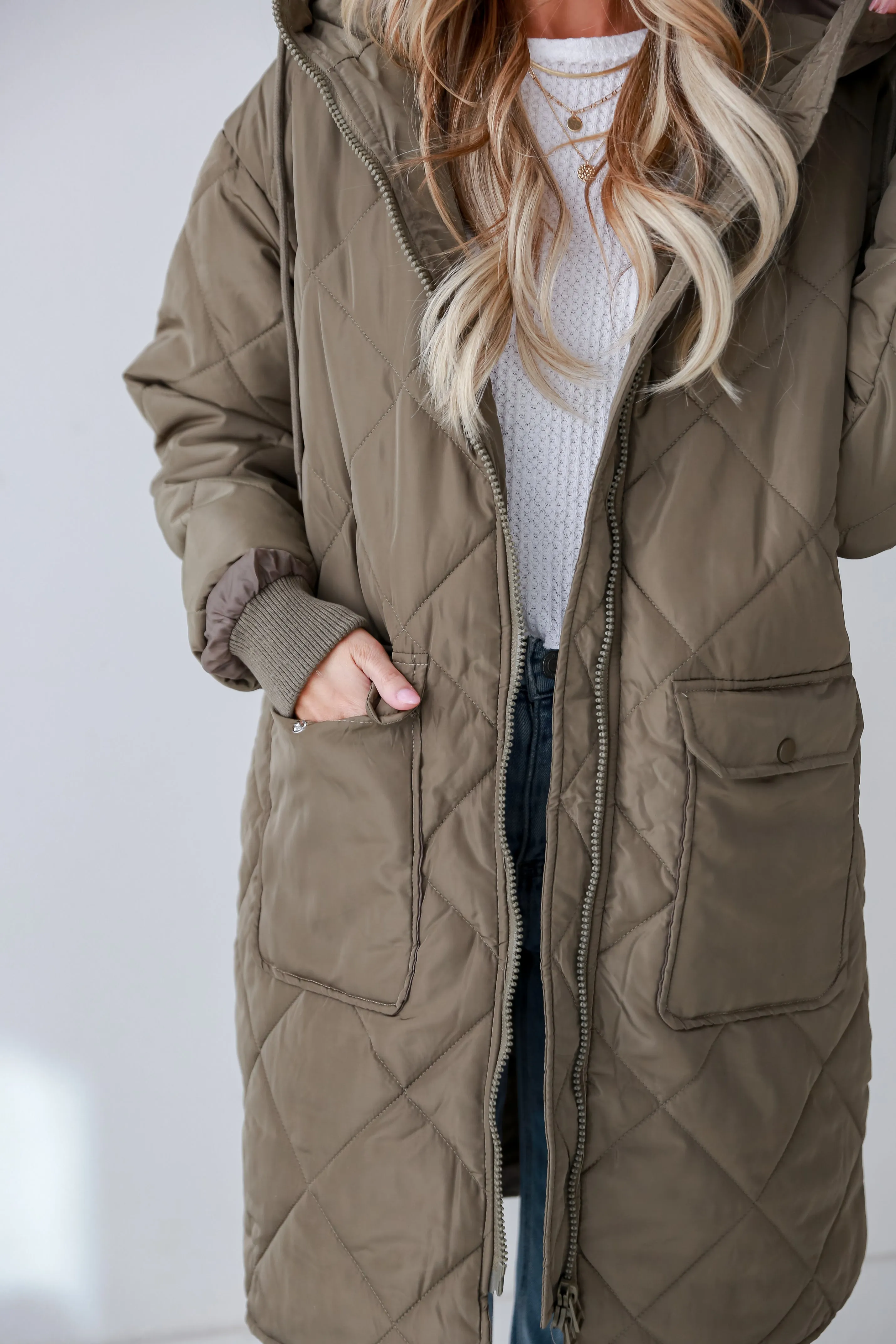 Elevated Season Olive Quilted Longline Hooded Jacket