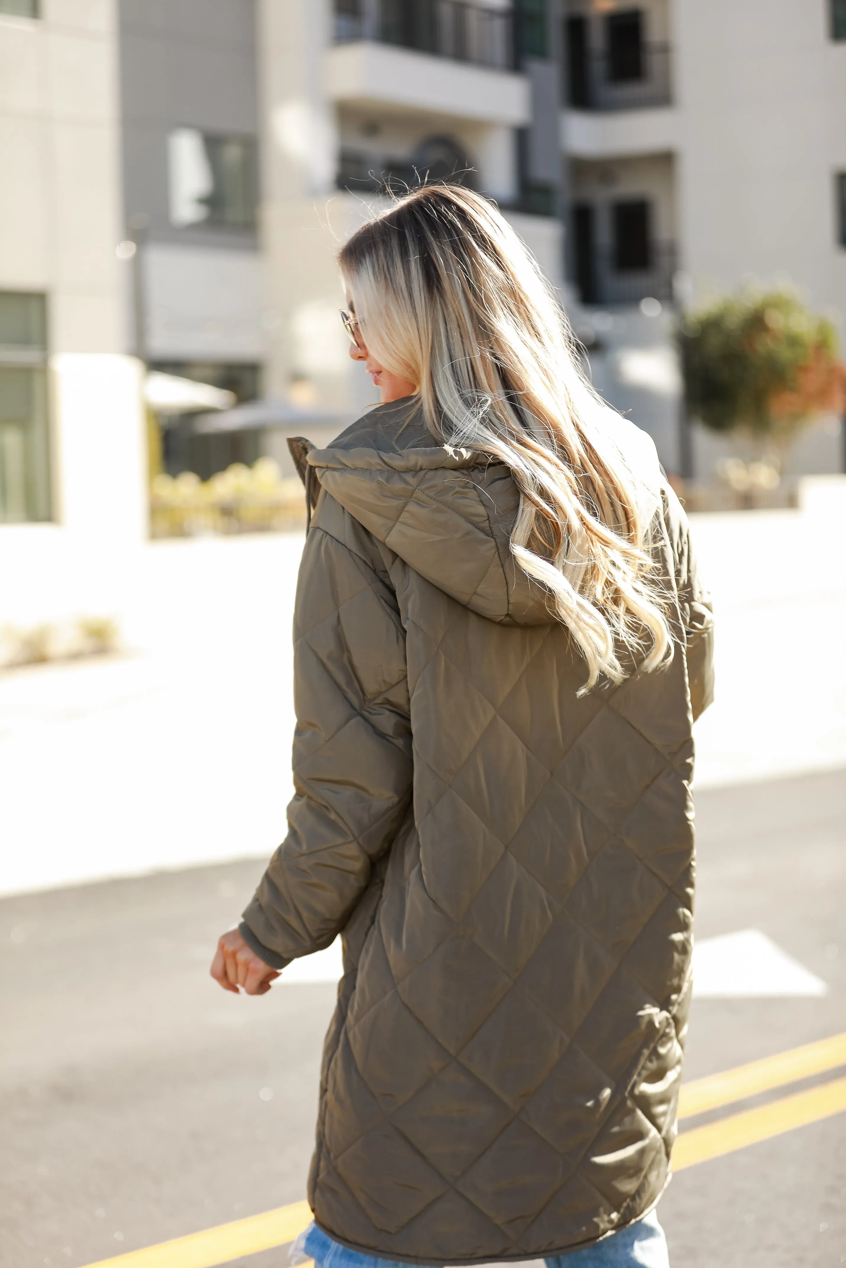 Elevated Season Olive Quilted Longline Hooded Jacket