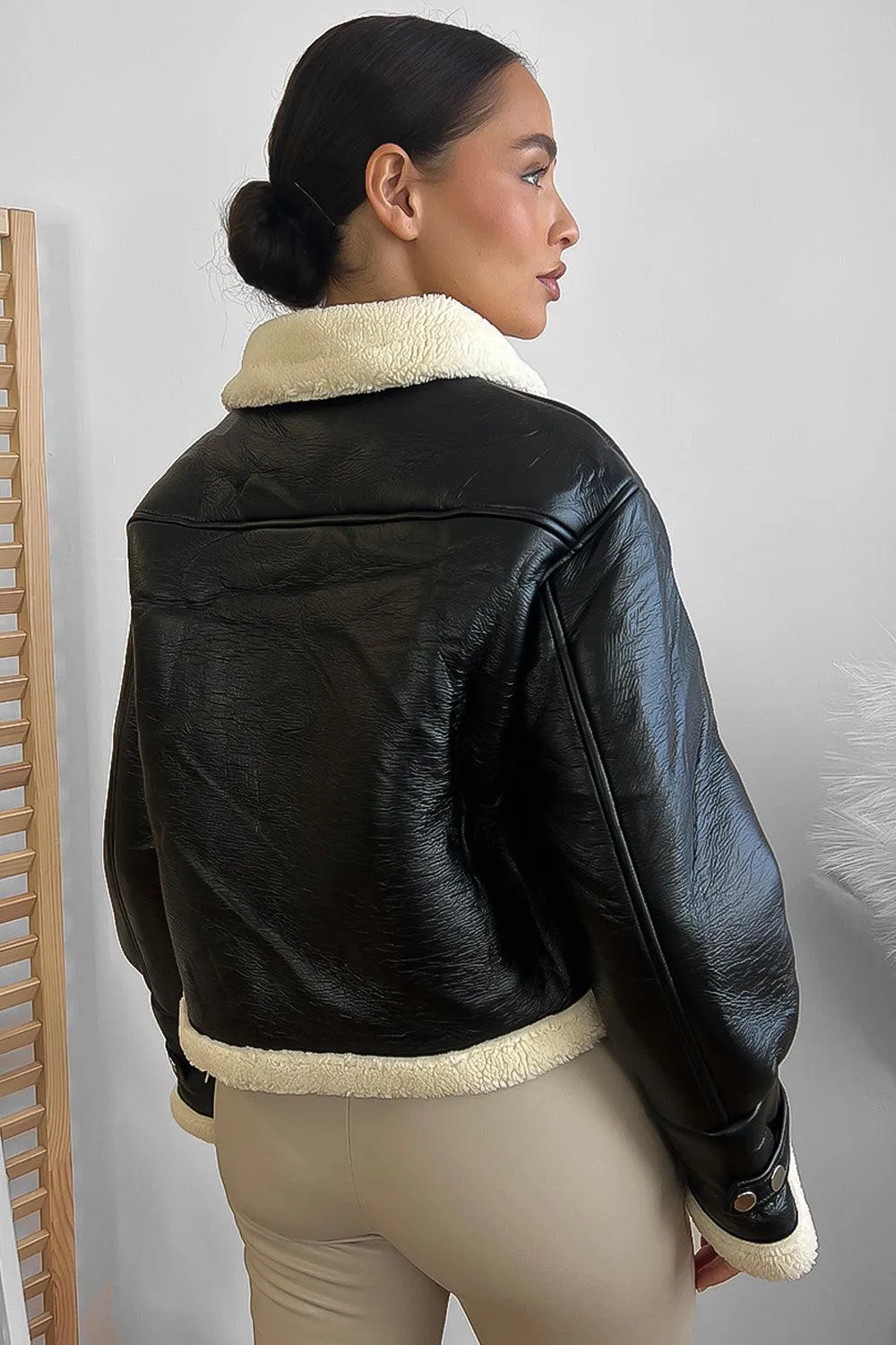 Faux Shearling Leather Aviator Jacket