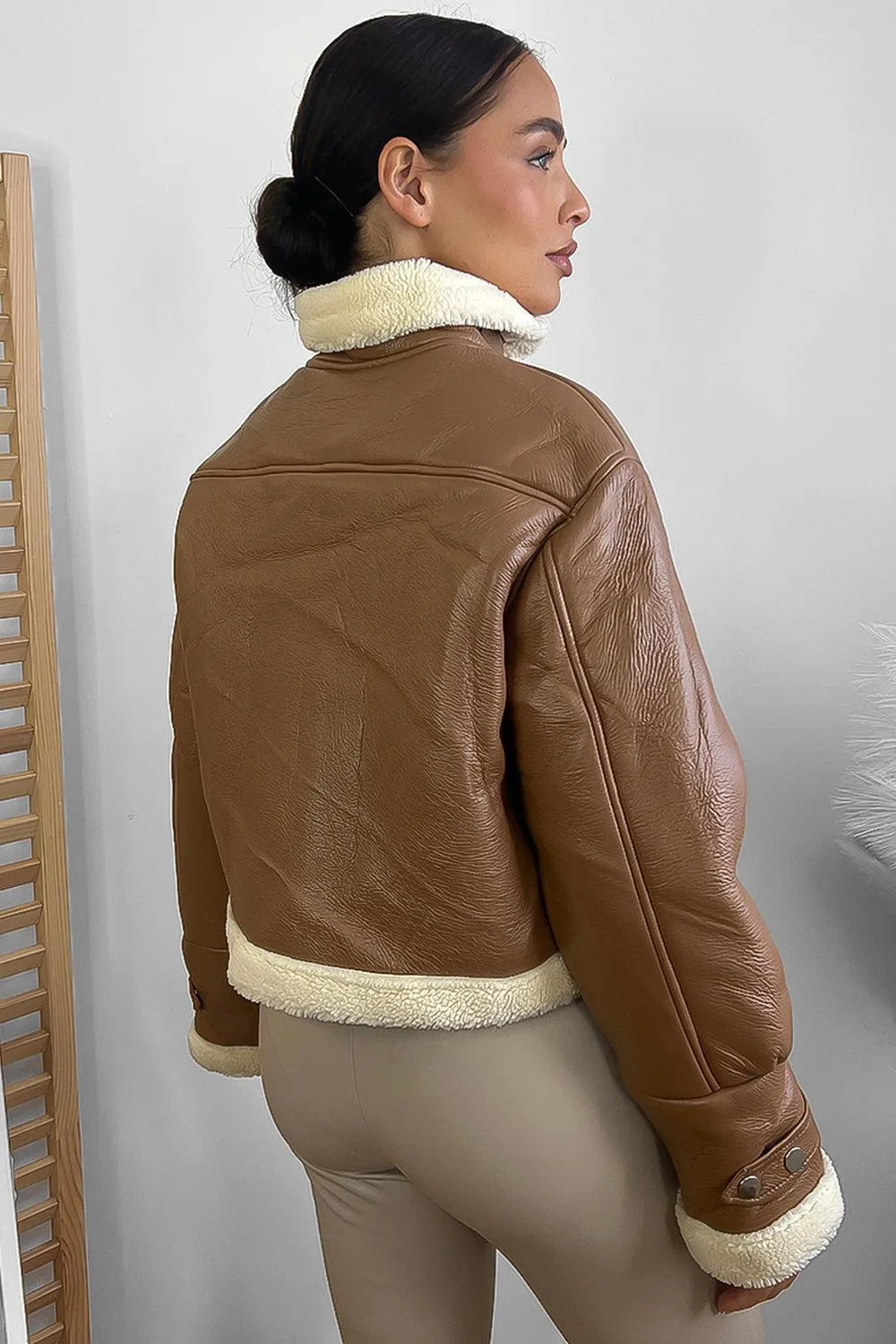 Faux Shearling Leather Aviator Jacket