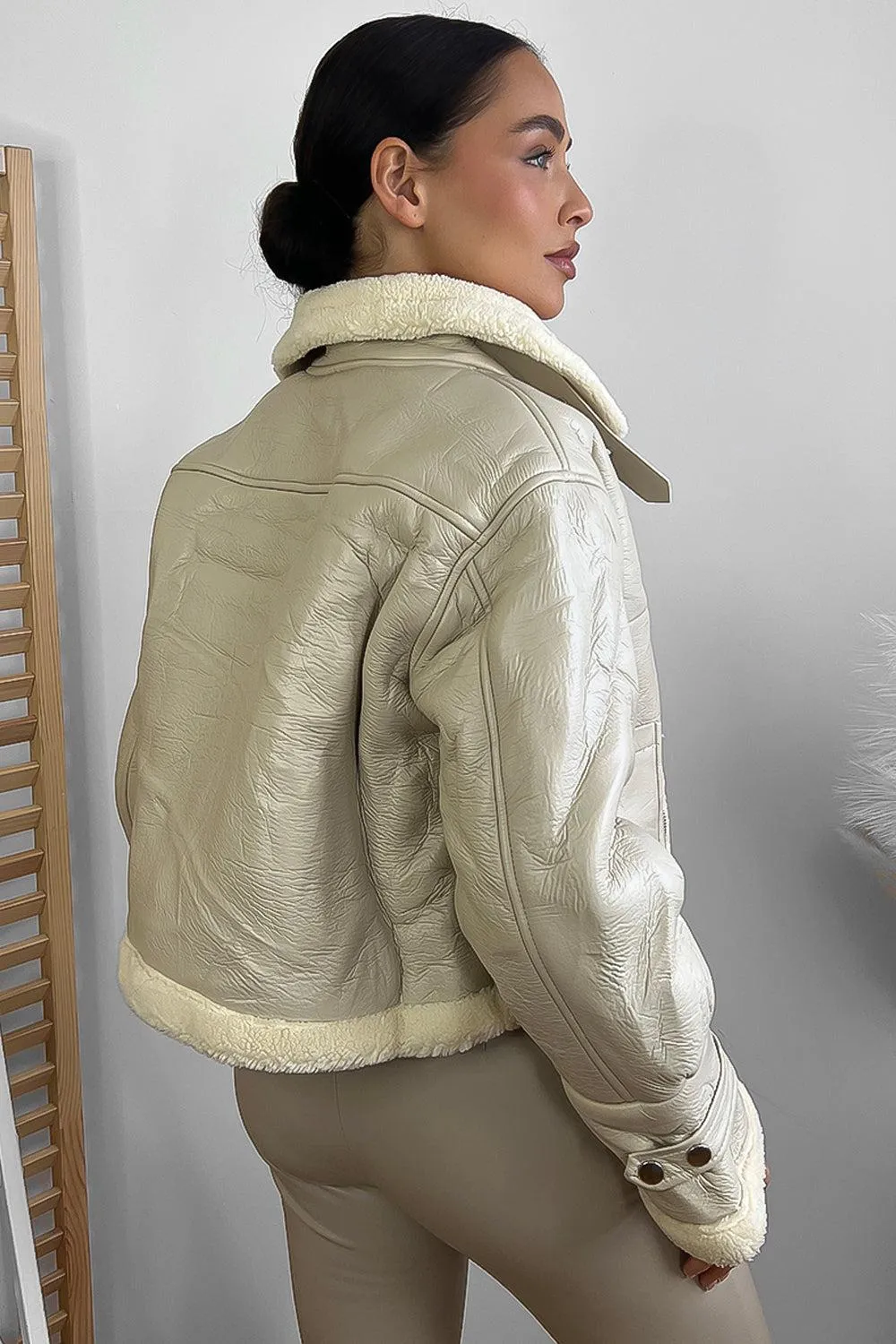 Faux Shearling Leather Aviator Jacket