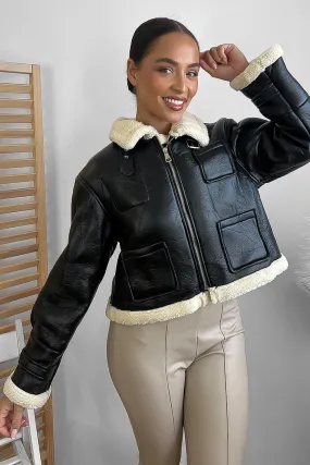 Faux Shearling Leather Aviator Jacket