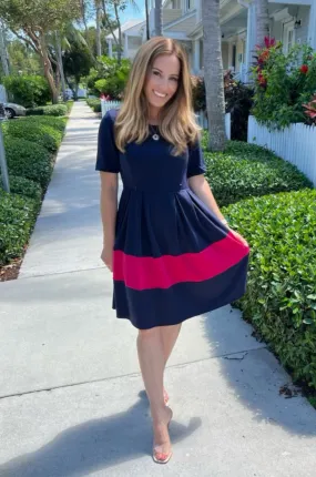 Fit and Flare Short Sleeve Nursing Dress - Navy/Pink Stripe