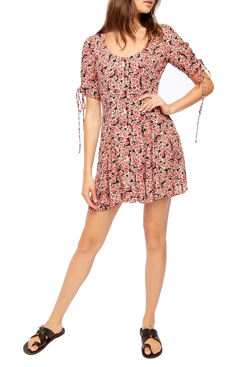 Free People Women's Floral Print Lace-up Mini Dress, Red, XS