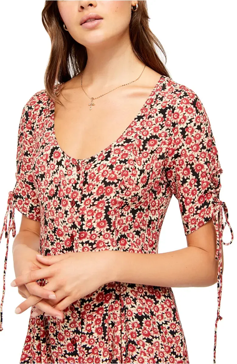 Free People Women's Floral Print Lace-up Mini Dress, Red, XS