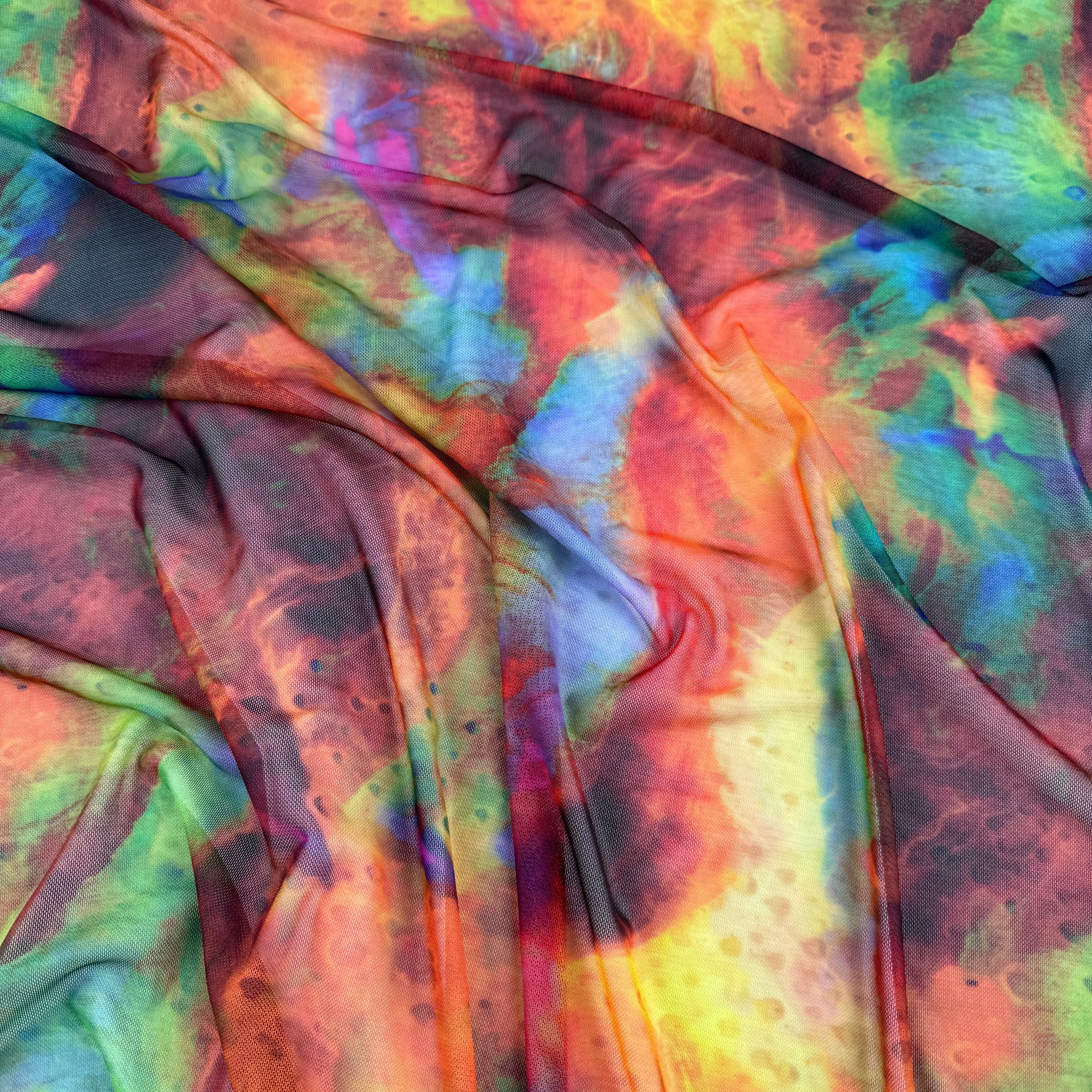 FS1247 Enchanted Rainbow Tie Dye Print Jersey Stretch Power Mesh Fabric