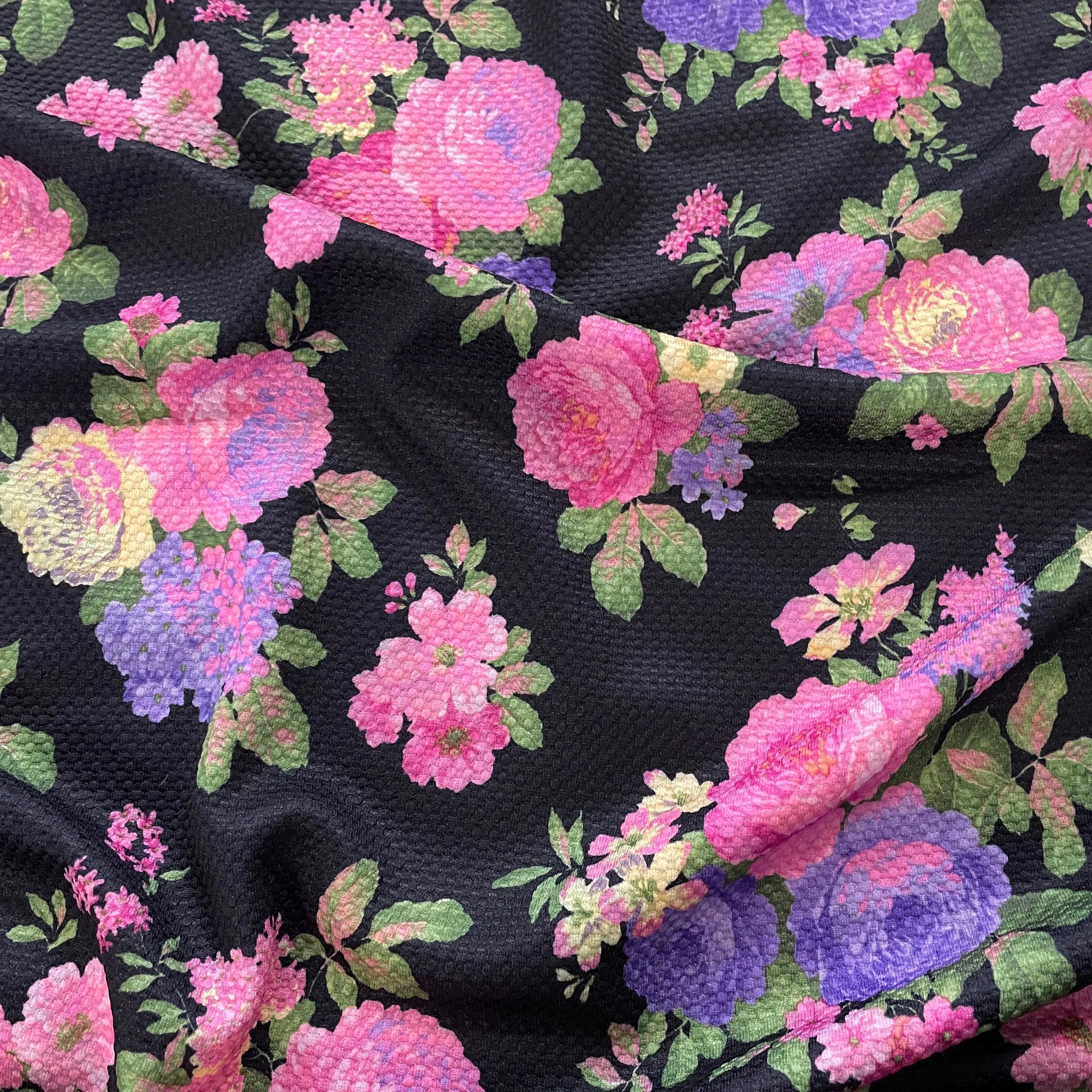 FS973 Pink Purple Rose Floral Square Jacquard Knit Fabric