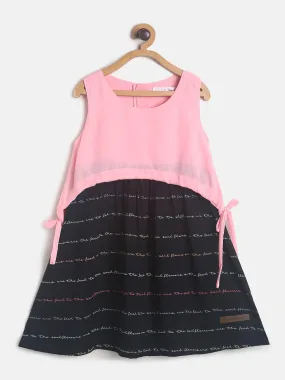 Girls Black & Pink Printed Sleeve Less Dress