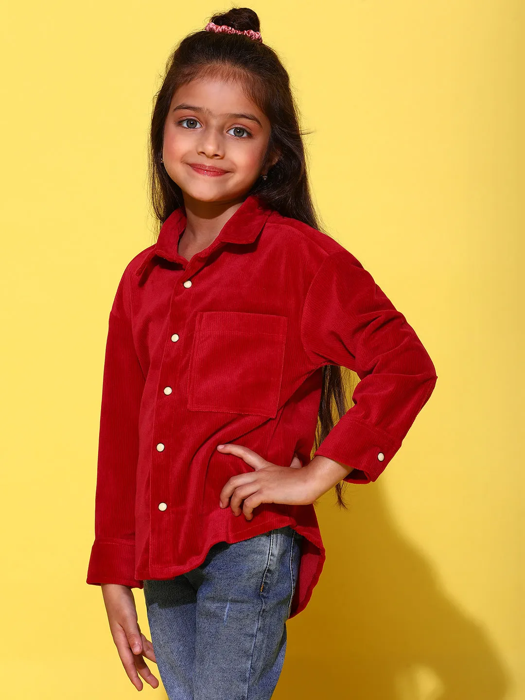 Girls Maroon Polyester Full Sleeves Oversized Solid Shirt