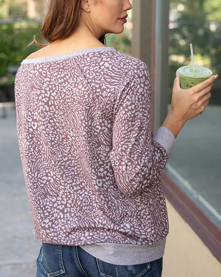 Grace & Lace Slouch Pullover (Wine Animal Print)