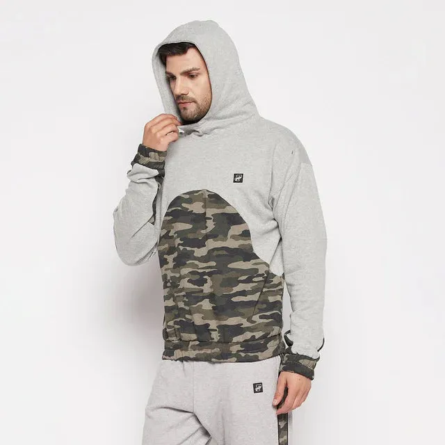 Grey Camo Cut-Sew Hoodie Sweatshirt