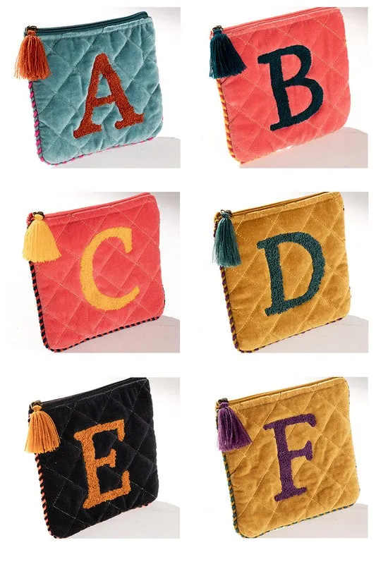 Hand Embroidered Initial Velvet Pouch