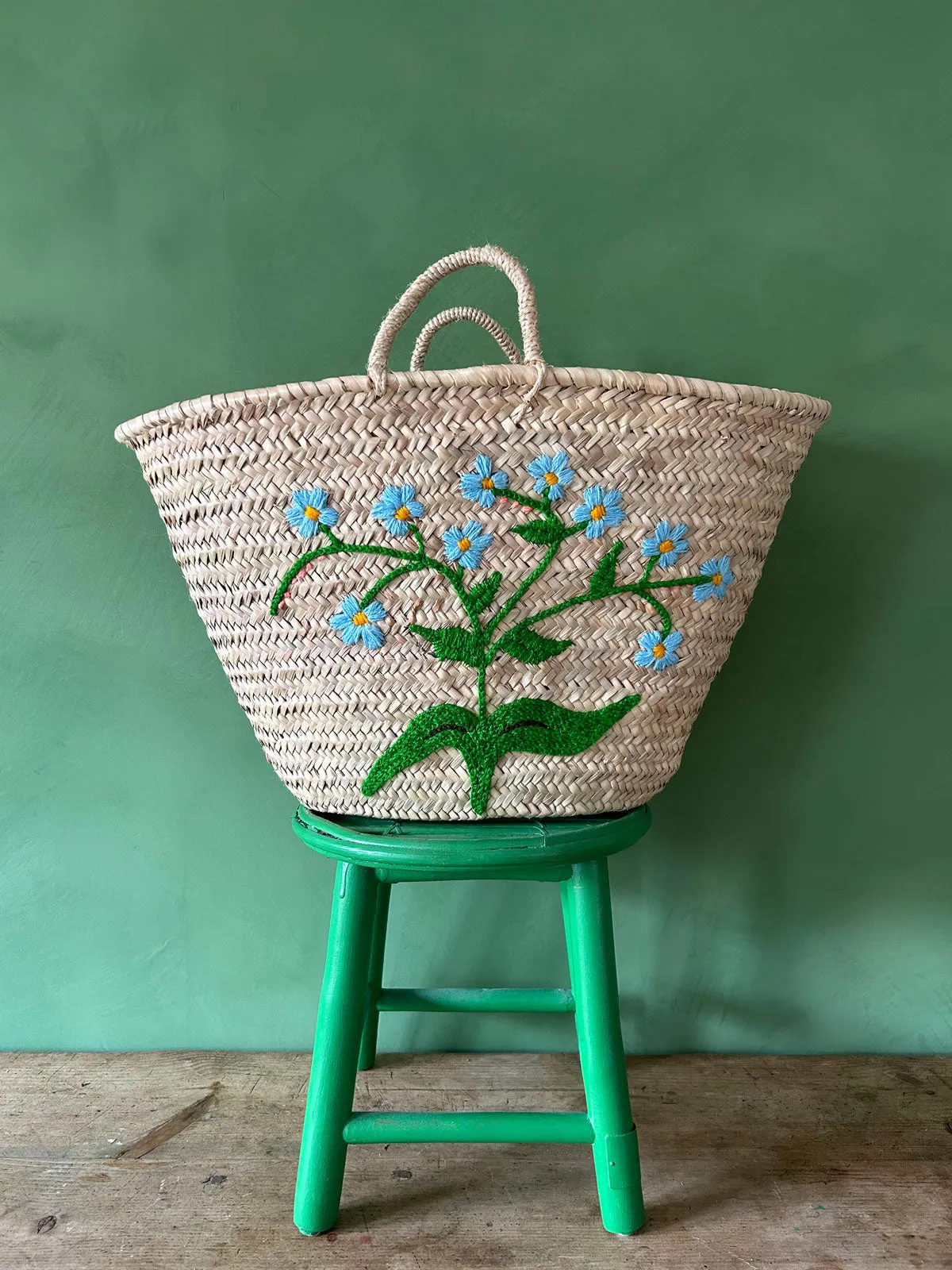 Hand Embroidered Market Basket, Forget-Me-Not