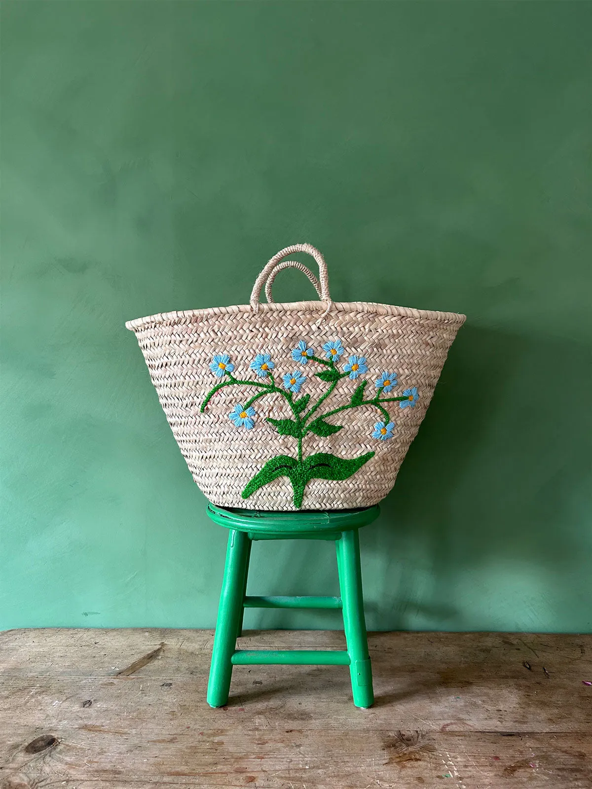 Hand Embroidered Market Basket, Forget-Me-Not