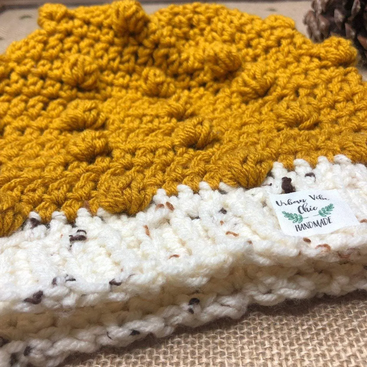 Hand Knit Crochet Mustard Yellow and Ivory Winter Hat | Slouchy Hat | Puff Beanie Cozy Thick Winter Hat | Women Winter Hat | unisex Beanies