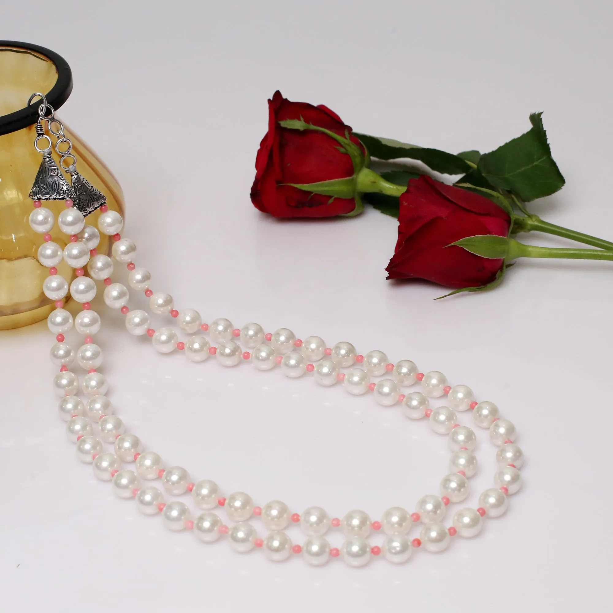 Imeora Double Line White Shell Pearl Necklace With Pink Beads