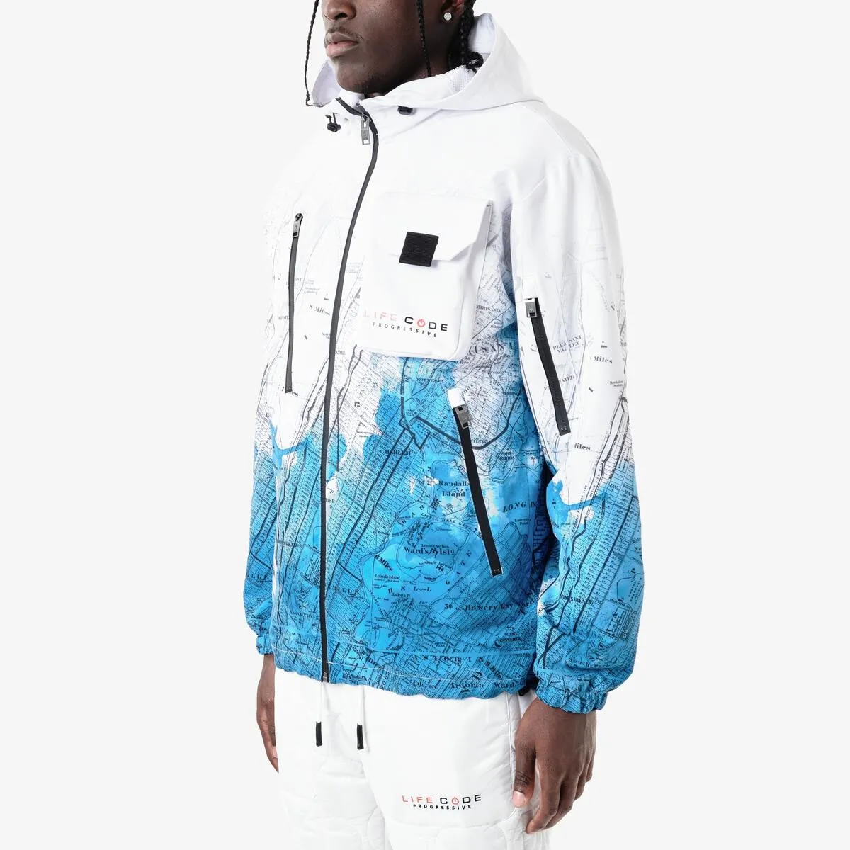 Life Code Map Windbreaker Jacket (White/Blue)