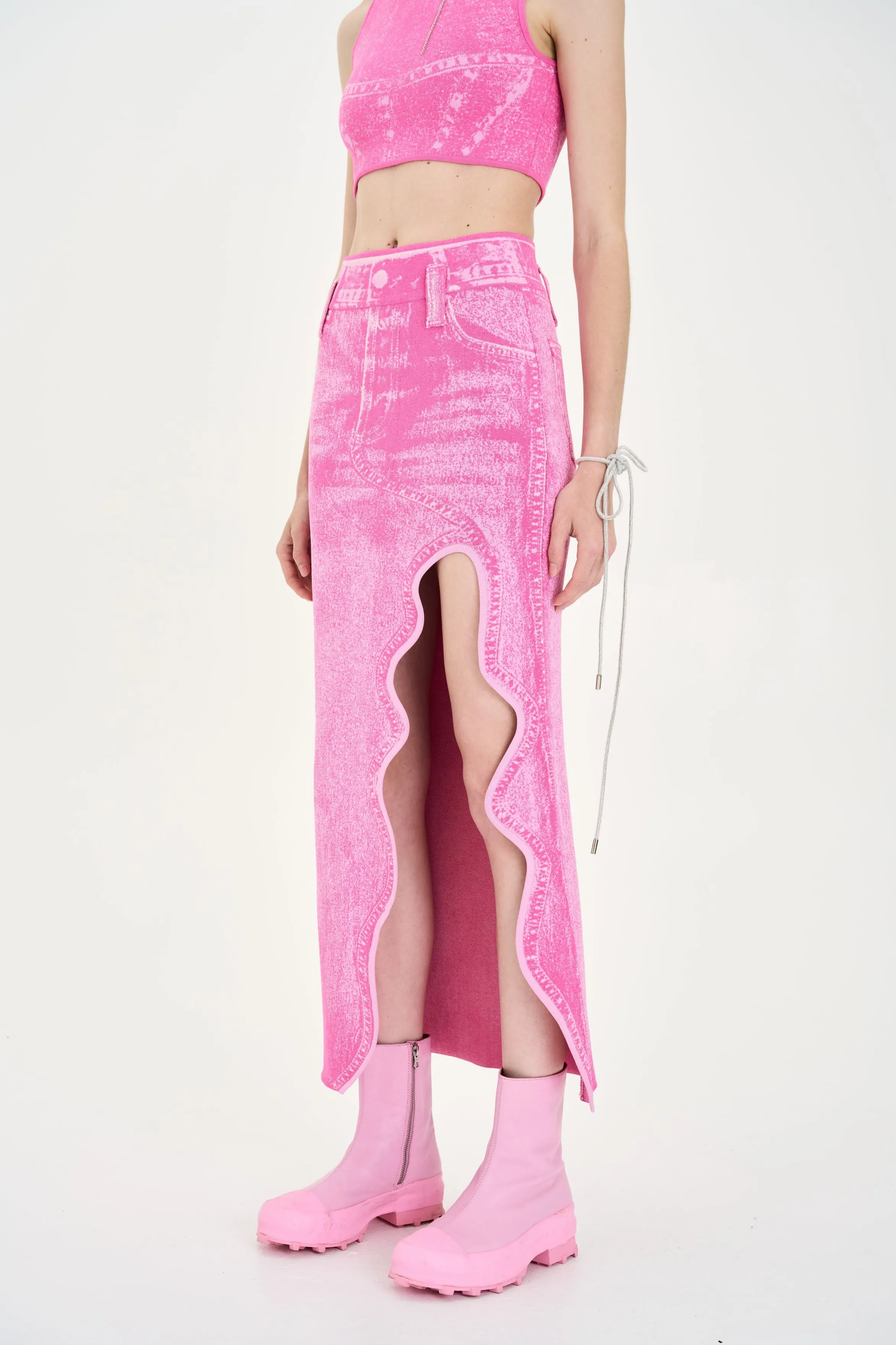 LILY DENIM PRINT WAVY LONG SKIRT