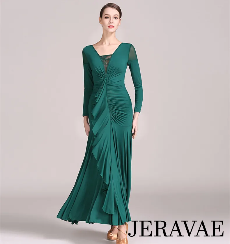 Long Ballroom Practice Dress with Flutter Sash and Lace Accent in Neckline Available in 3 Colors PRA 087_sale