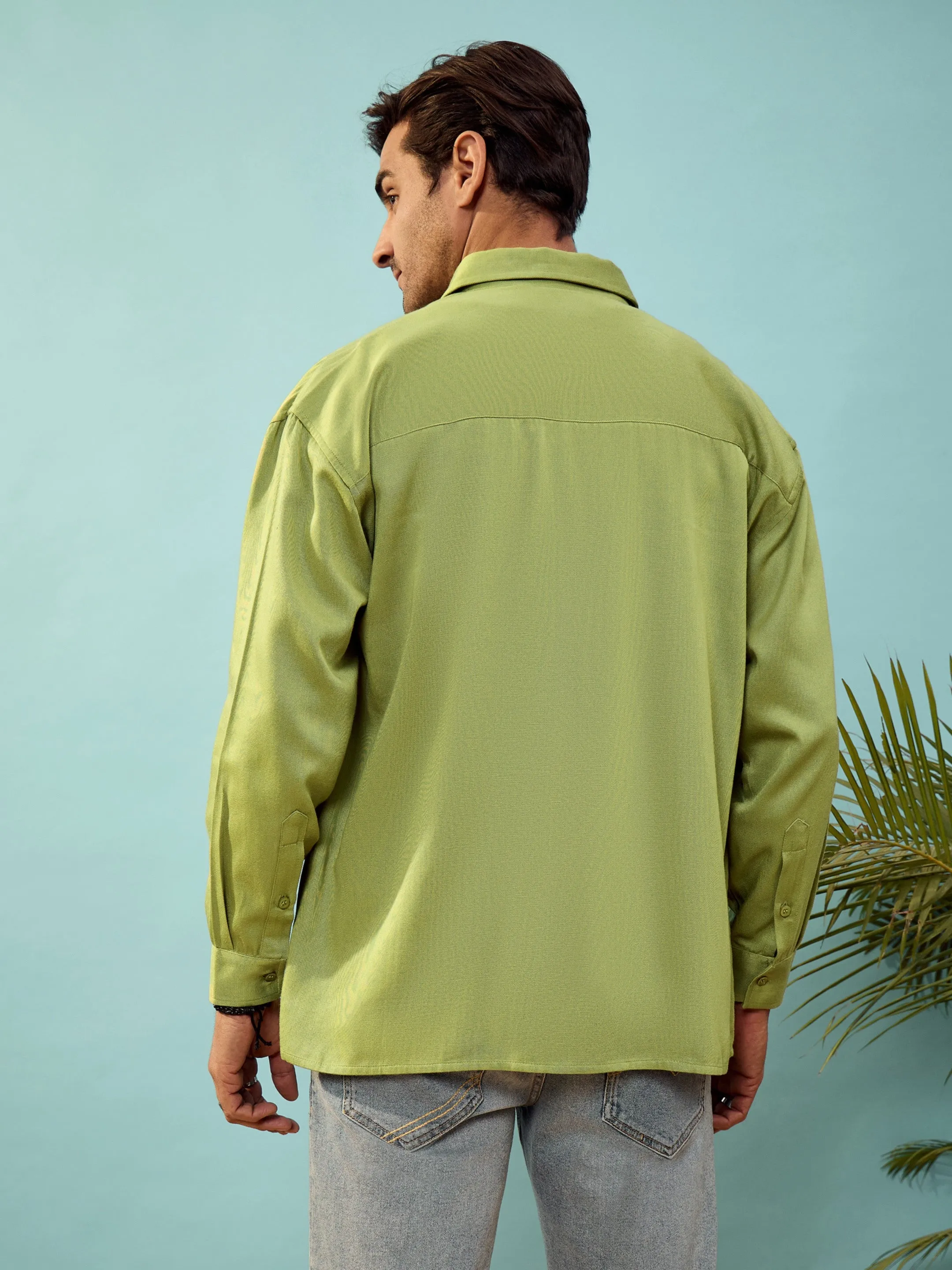 Men Green Twill Utility Pocket Oversize Shirt