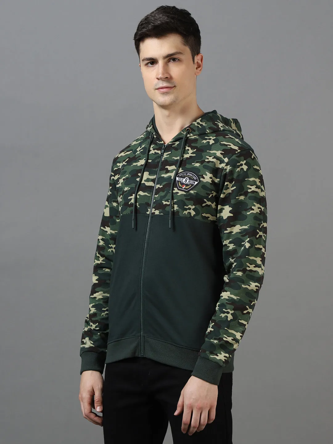 Men's Green Cotton Camouflage Printed Hooded Neck Sweatshirt