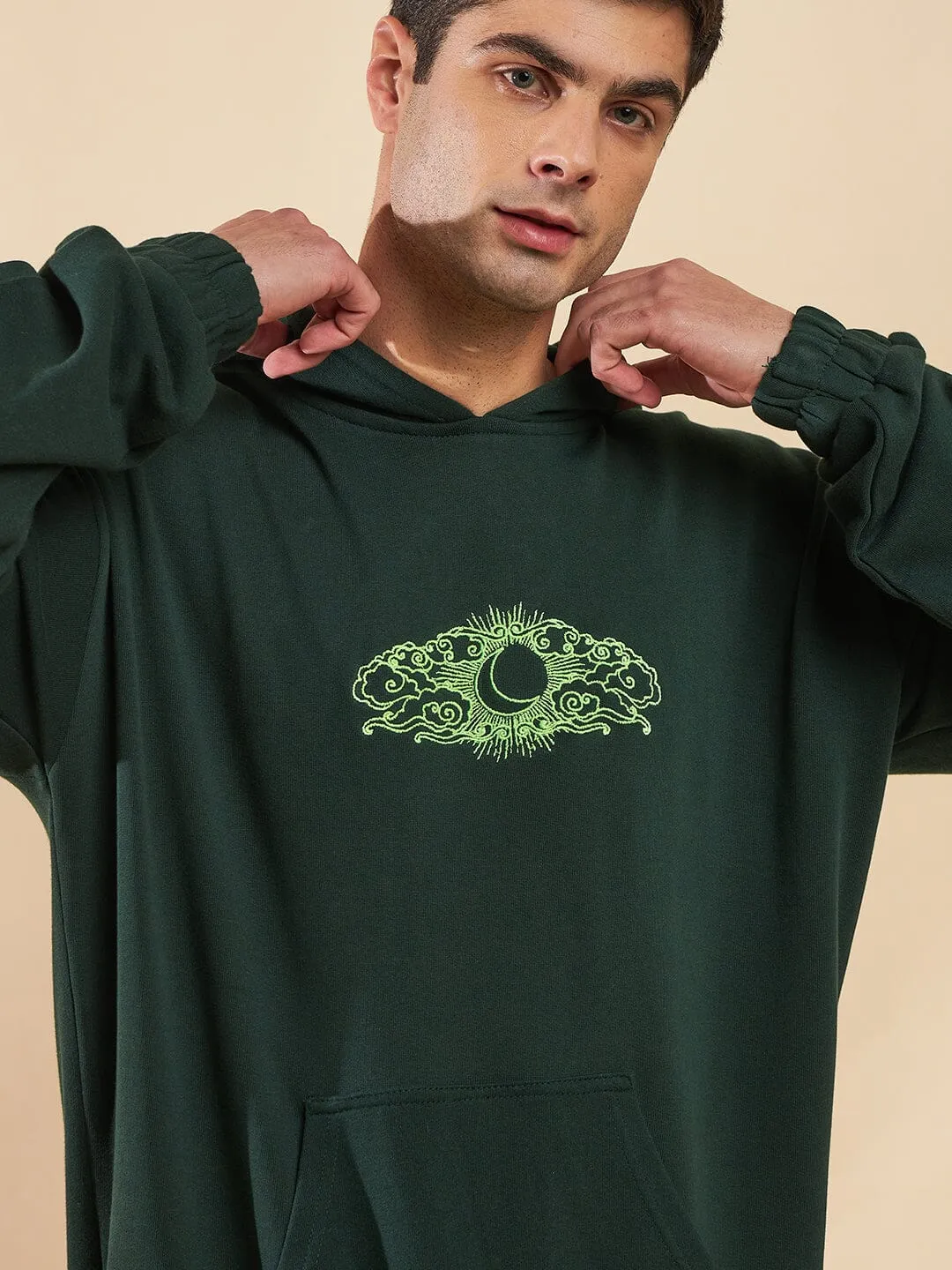 Moss Green Embroidered Oversized Hoodie