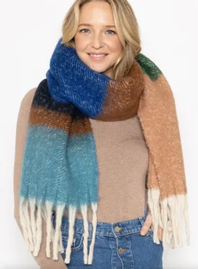 Multi Stripe Cozy Scarf With Fringe - Blue