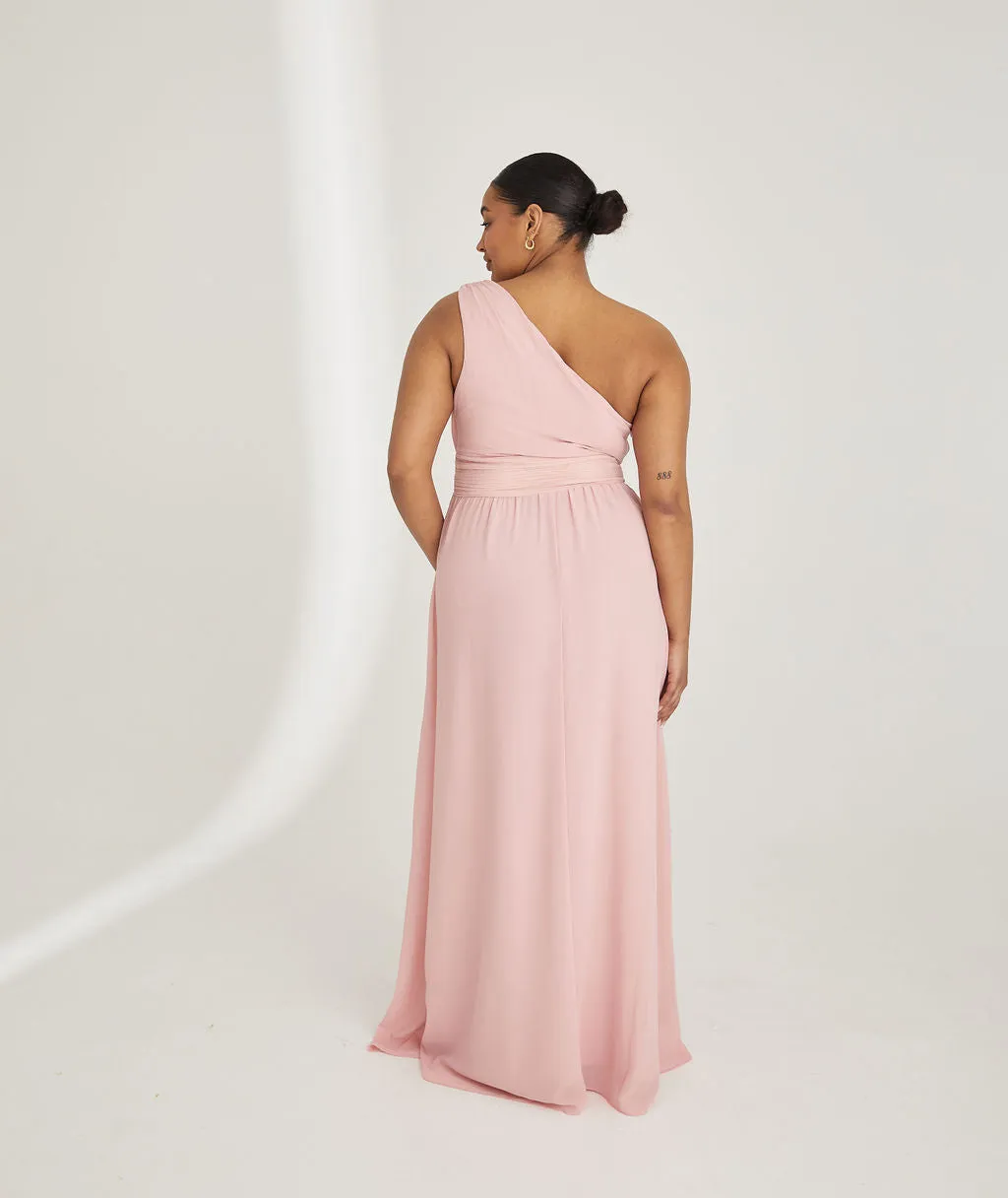 One Shoulder Pleated Waist Chiffon Bridesmaid Dress - Peony Pink