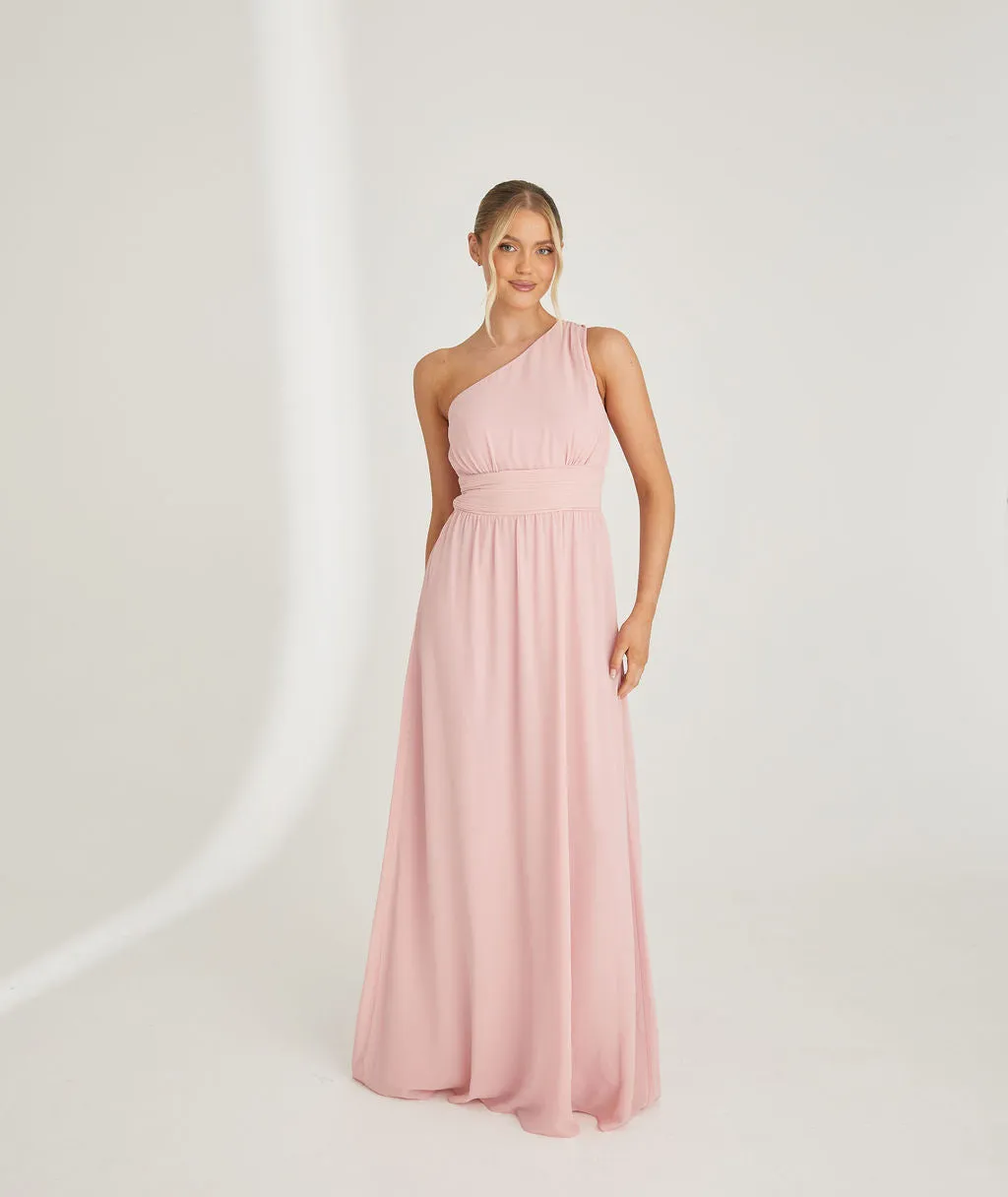 One Shoulder Pleated Waist Chiffon Bridesmaid Dress - Peony Pink