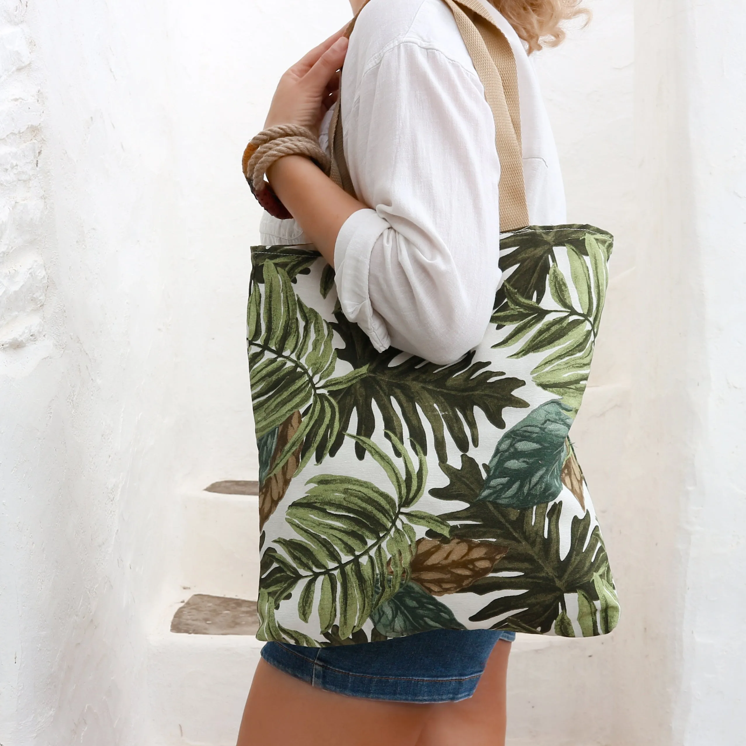 Palm Leaves Print Fabric Tote Bag