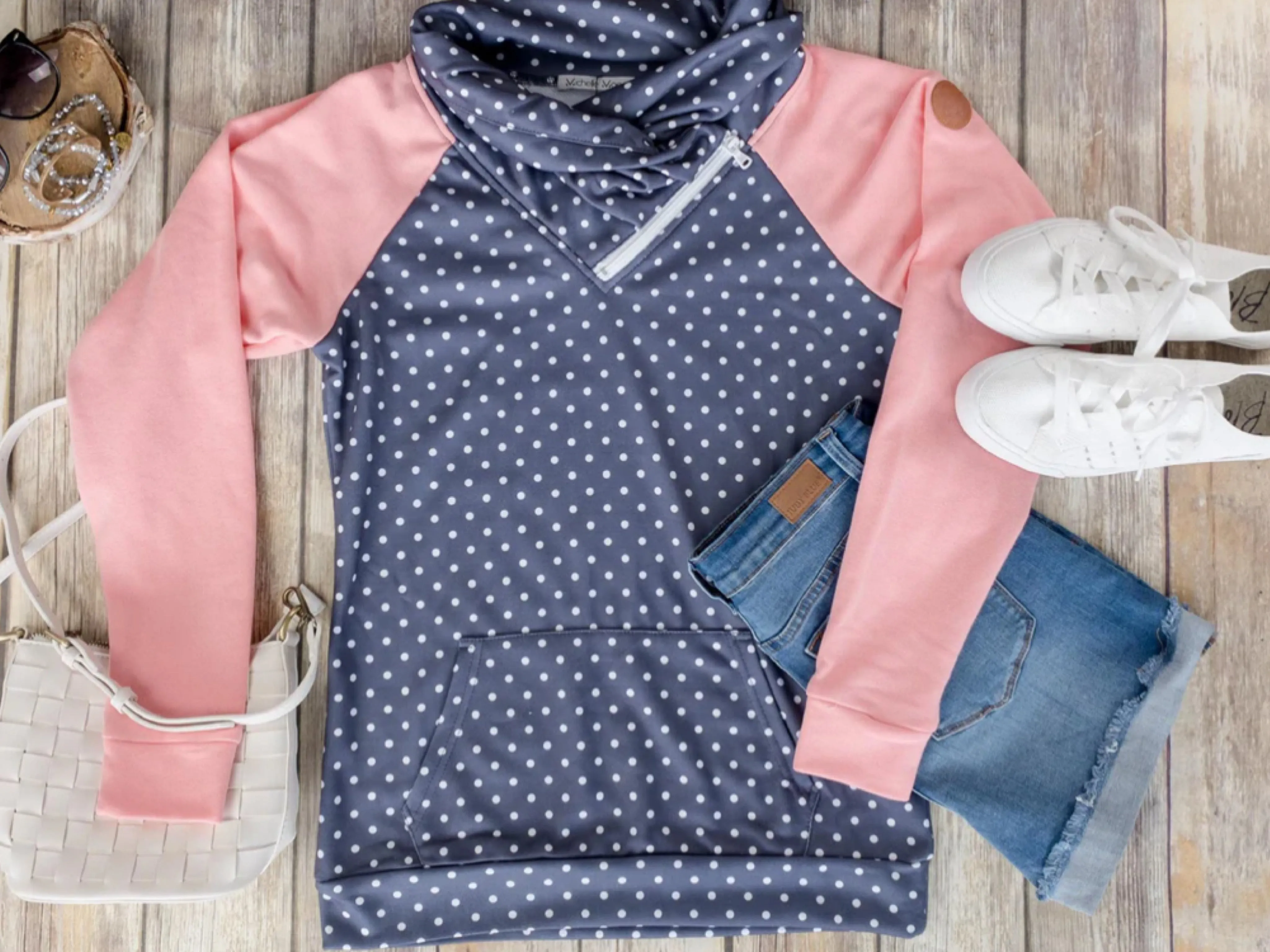 Pink Dot Zip Cowl Pullover Sweat Shirt