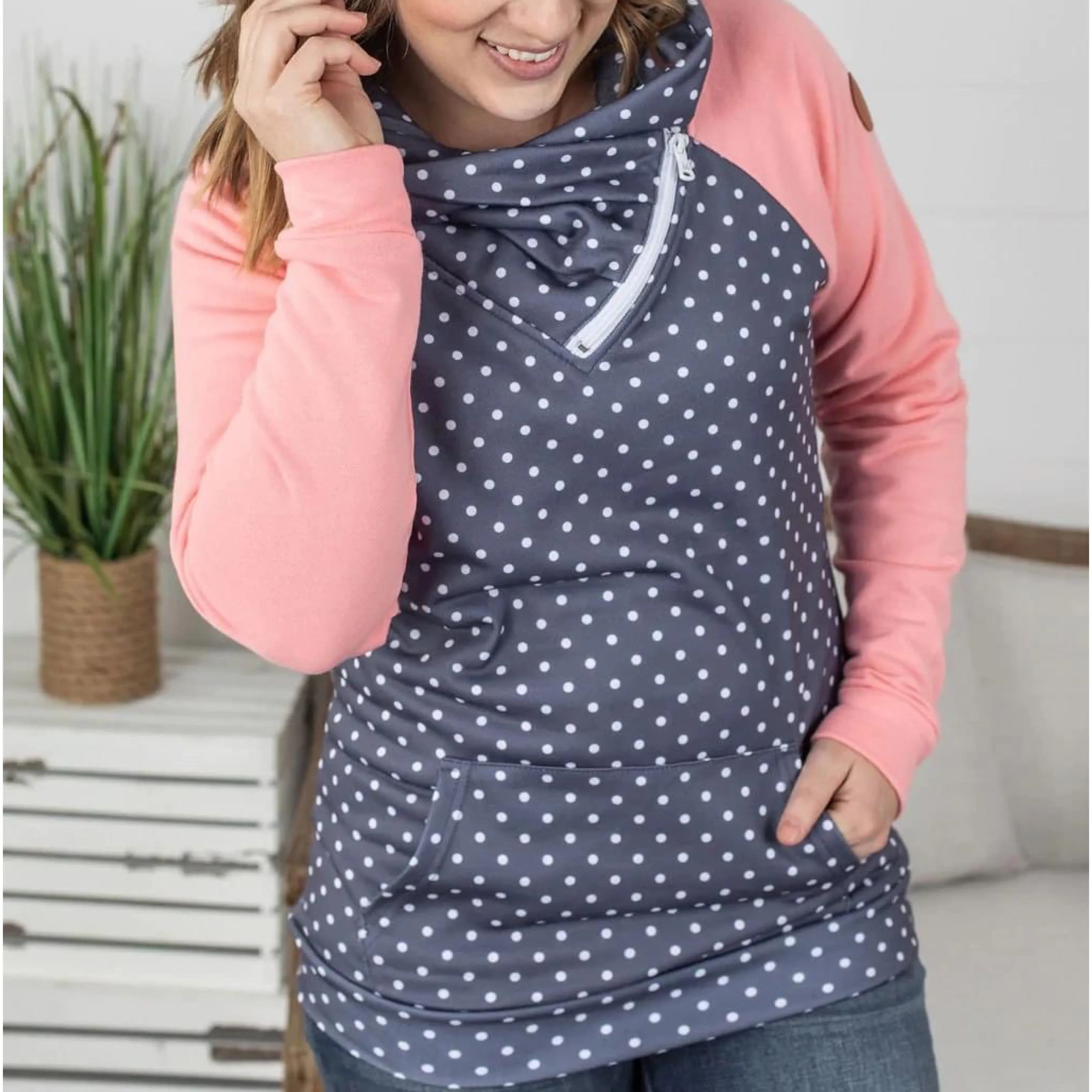 Pink Dot Zip Cowl Pullover Sweat Shirt