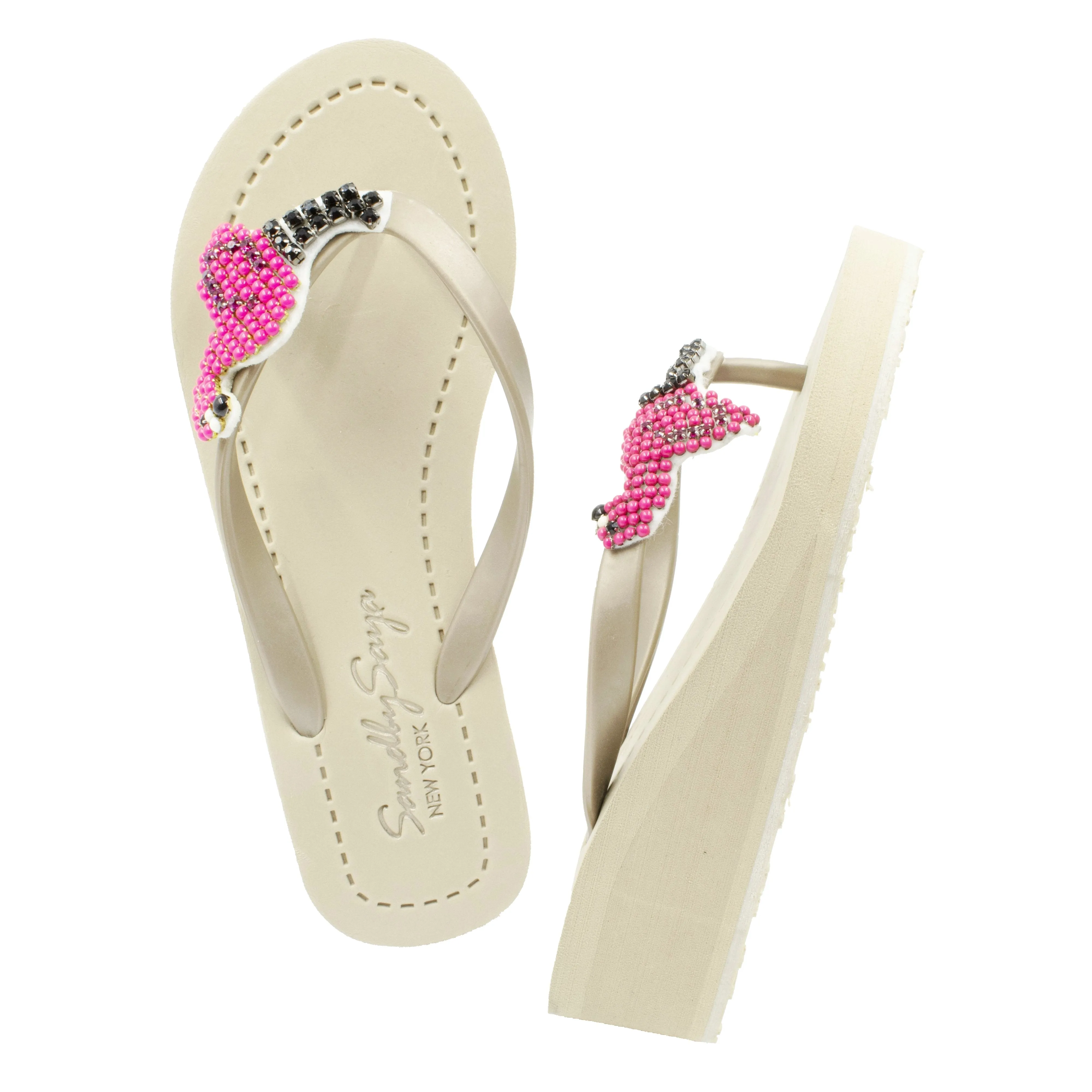 Pink Flamingo -Embroidered Mid Wedge Flip Flops