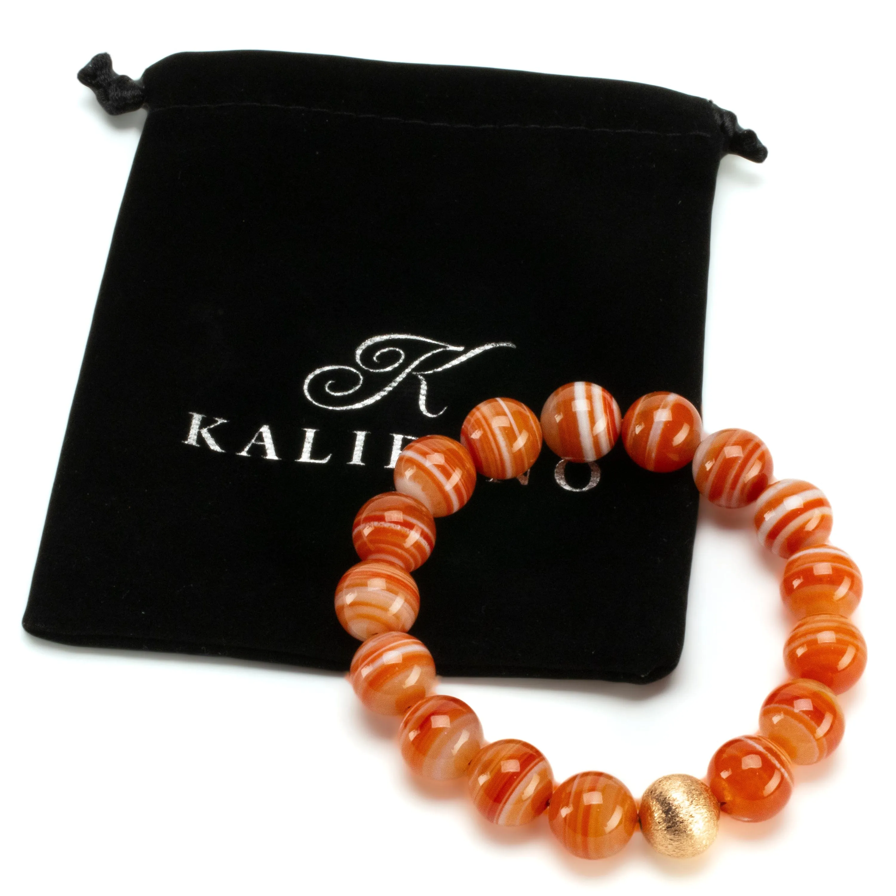 Polished Banded Carnelian 12mm Gemstone Bead Elastic Bracelet with Matte Gold Accent Bead