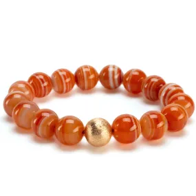 Polished Banded Carnelian 12mm Gemstone Bead Elastic Bracelet with Matte Gold Accent Bead