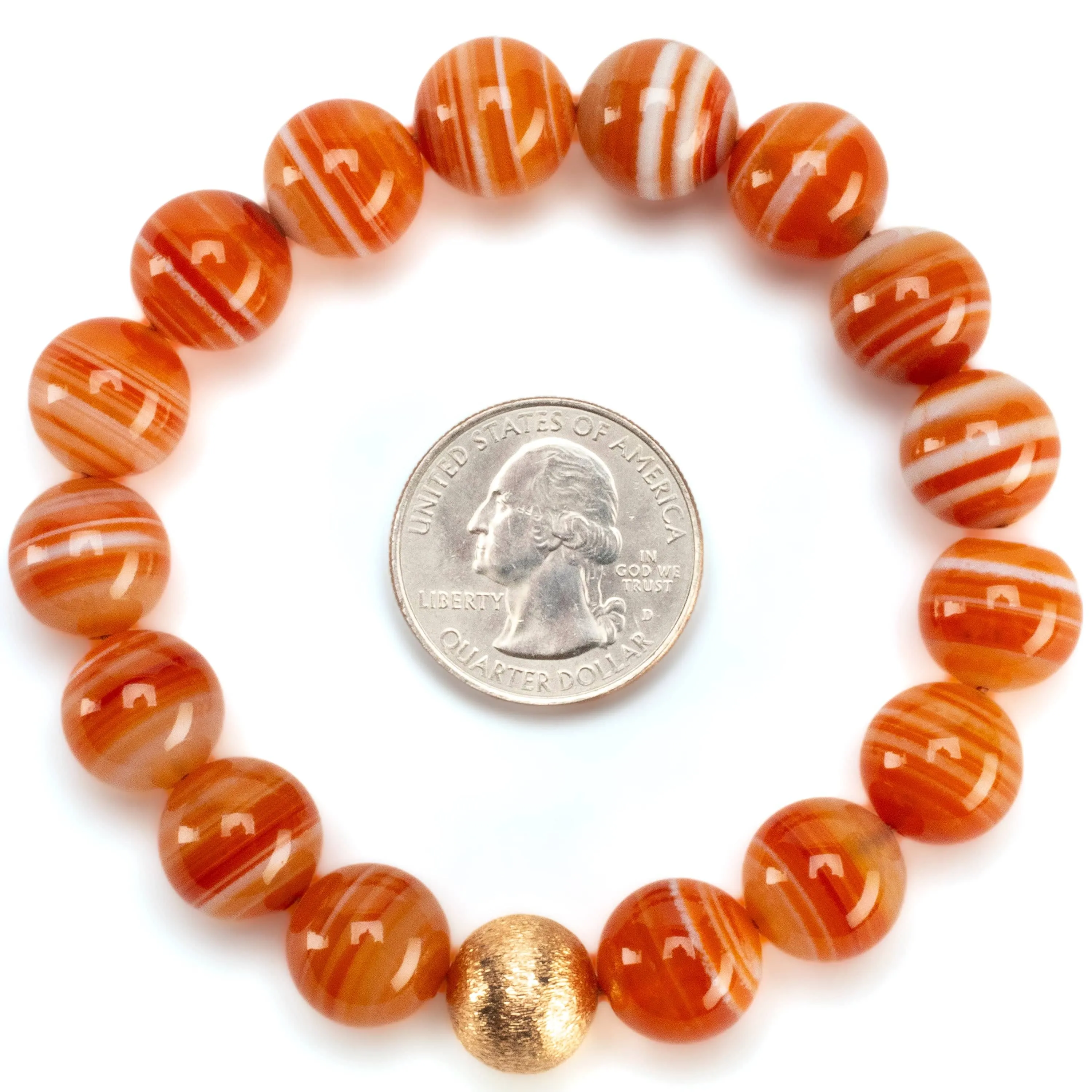 Polished Banded Carnelian 12mm Gemstone Bead Elastic Bracelet with Matte Gold Accent Bead